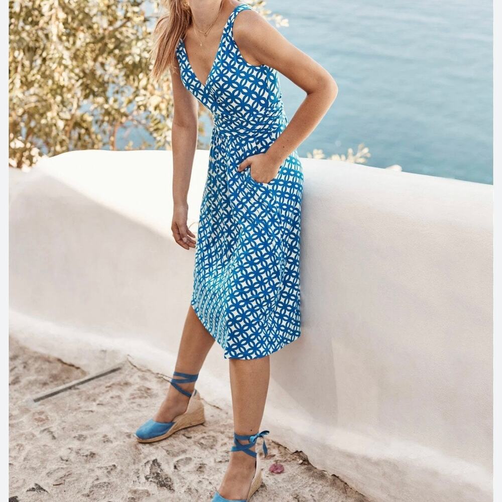 Boden Effie Geometric Jersey Knit Sleeveless Dress Women's 6 Blue White